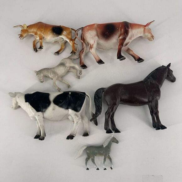 Vintage 1980s IMPERIAL Horse Dark Brown Cows Bull Figures Group of 6 Barn Animal - Picture 9 of 16